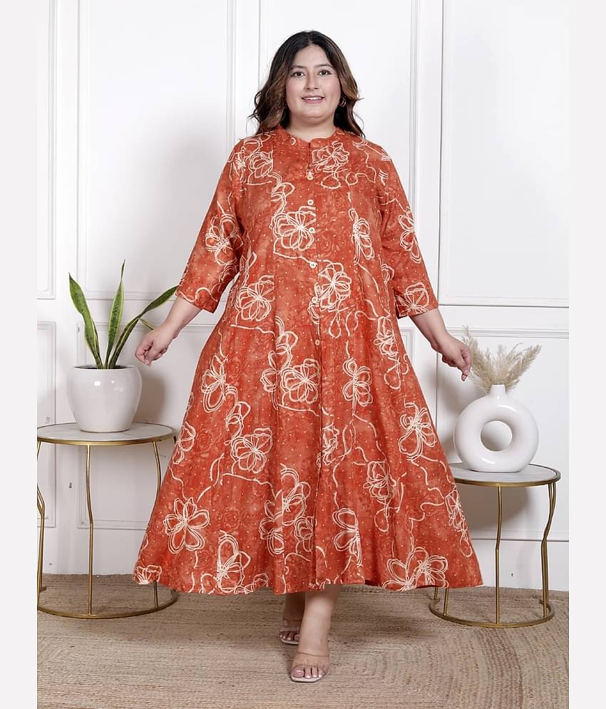 Swasti Women Cotton Blend Printed Flared Kurti ( Orange )