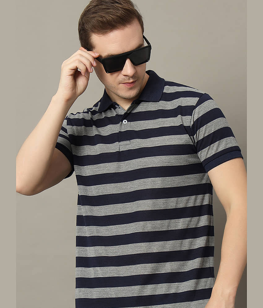 GET GOLF Pack of 1 Cotton Blend Regular Fit Striped Half Sleeves Men's Polo T Shirt ( Navy )