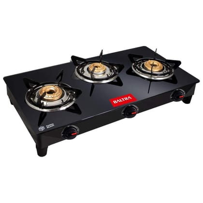 Baltra Glimmer Glass Top Gas Stove 3 Burner, Black