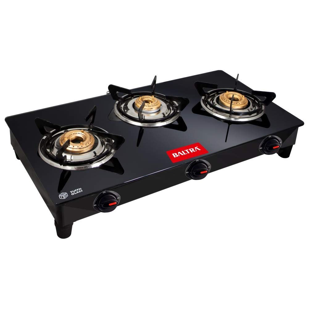 Baltra Glimmer Glass Top Gas Stove 3 Burner, Black