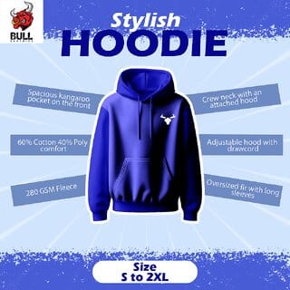 Bull Clothing Mens Side Logo Plain Oversized Cotton Dark Blue Hoodie  Premium Comfort  Streetwear Style (L)