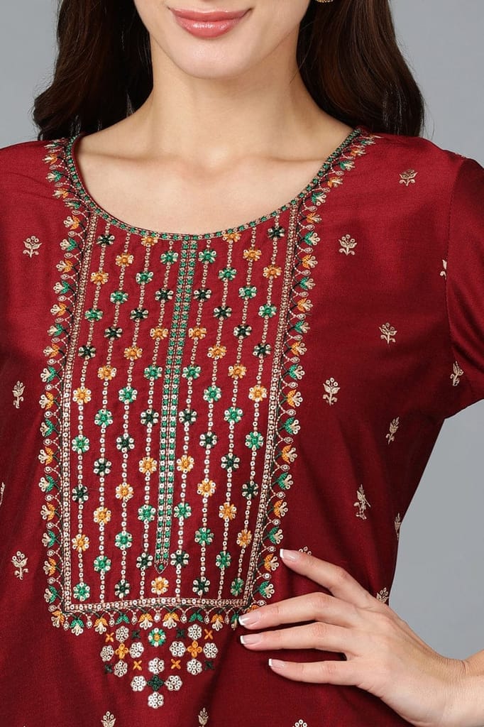 Latest Women Maroon Silk Blend Embroidered Kurta Pant With Dupatta VKSKD1757 2026 at ShopCircuit