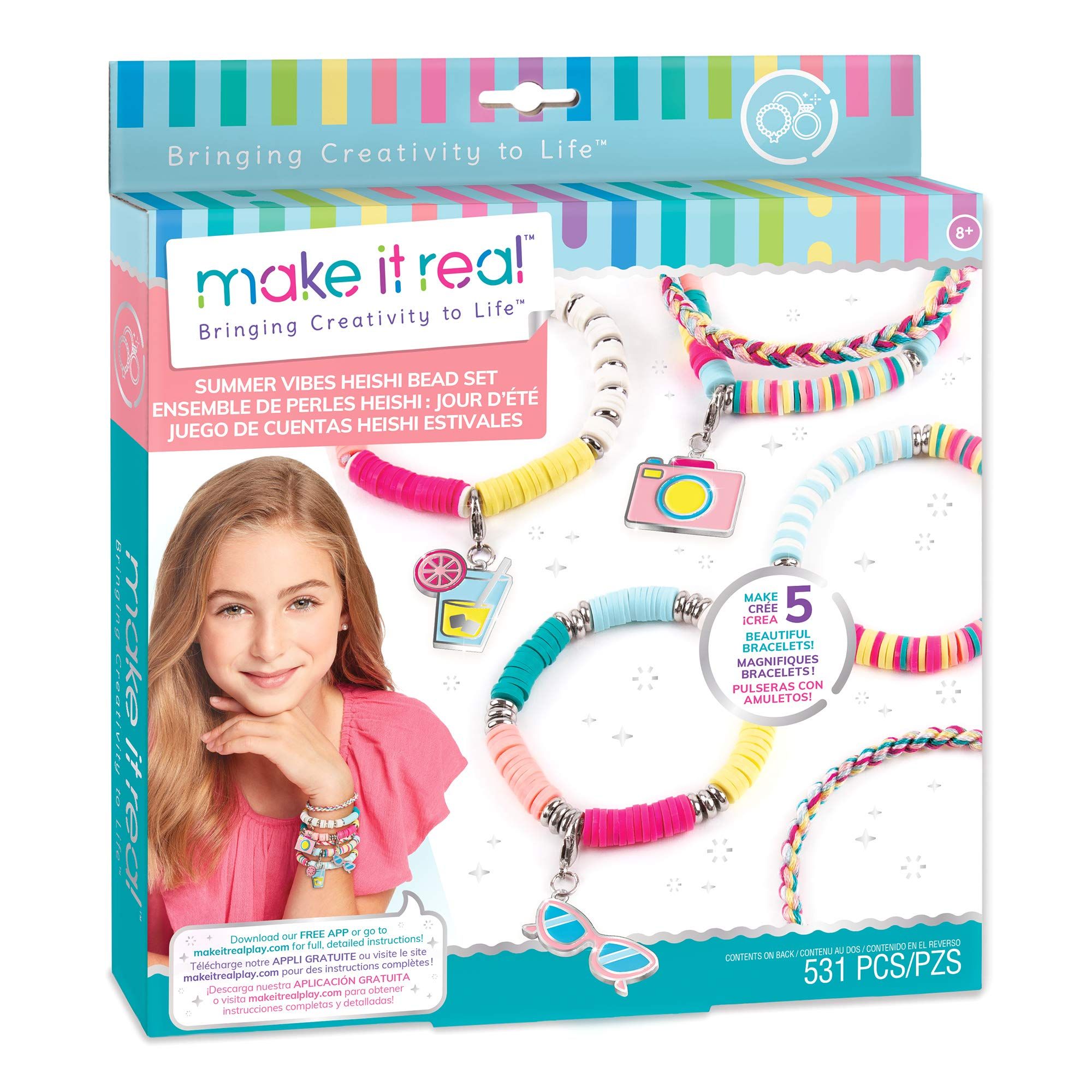 Make It Real Summer Vibes Heishi Bead Bracelets|DIY Charm Bracelet Making Kit Case|Friendship Bracelet Kit with Beads,Charms & Thread|Arts & Crafts Bead Kit for Girls|Makes 5 Bracelets|Made in India