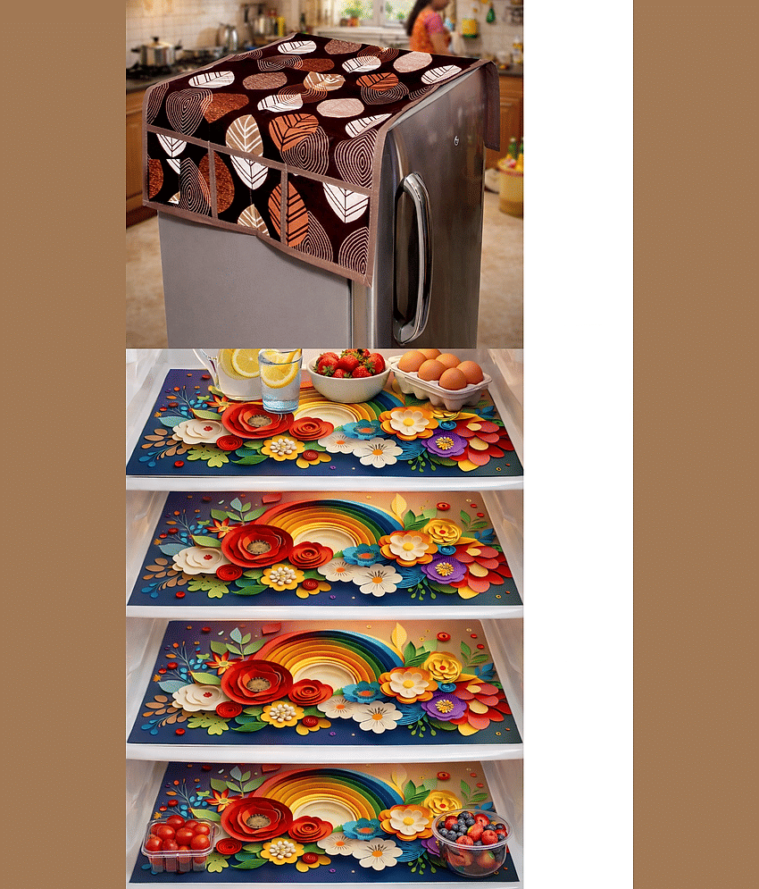 Revexo PVC Floral Fridge Mat & Cover ( 44 30 ) Pack of 5 - Green