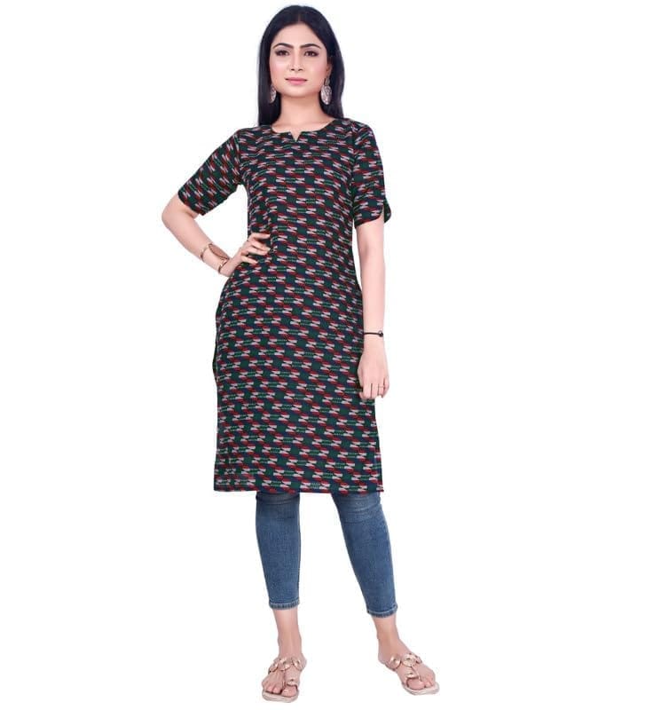 Women's Casual 3/4th Sleeve Printed Cotton Kurti (Green, S)-PID46161