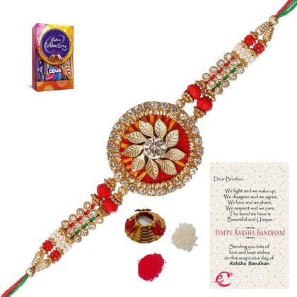 Designer Rakhi with Cadbury Celebrations Gift Pack of 5 Assorted Chocolates and Roli Tikka Matki, Best Wishes Greeting Card