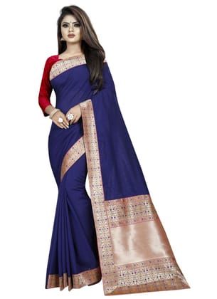 Generic Women's Vichitra Silk Saree with Blouse (Blue, 5 - 6 Mtrs)
