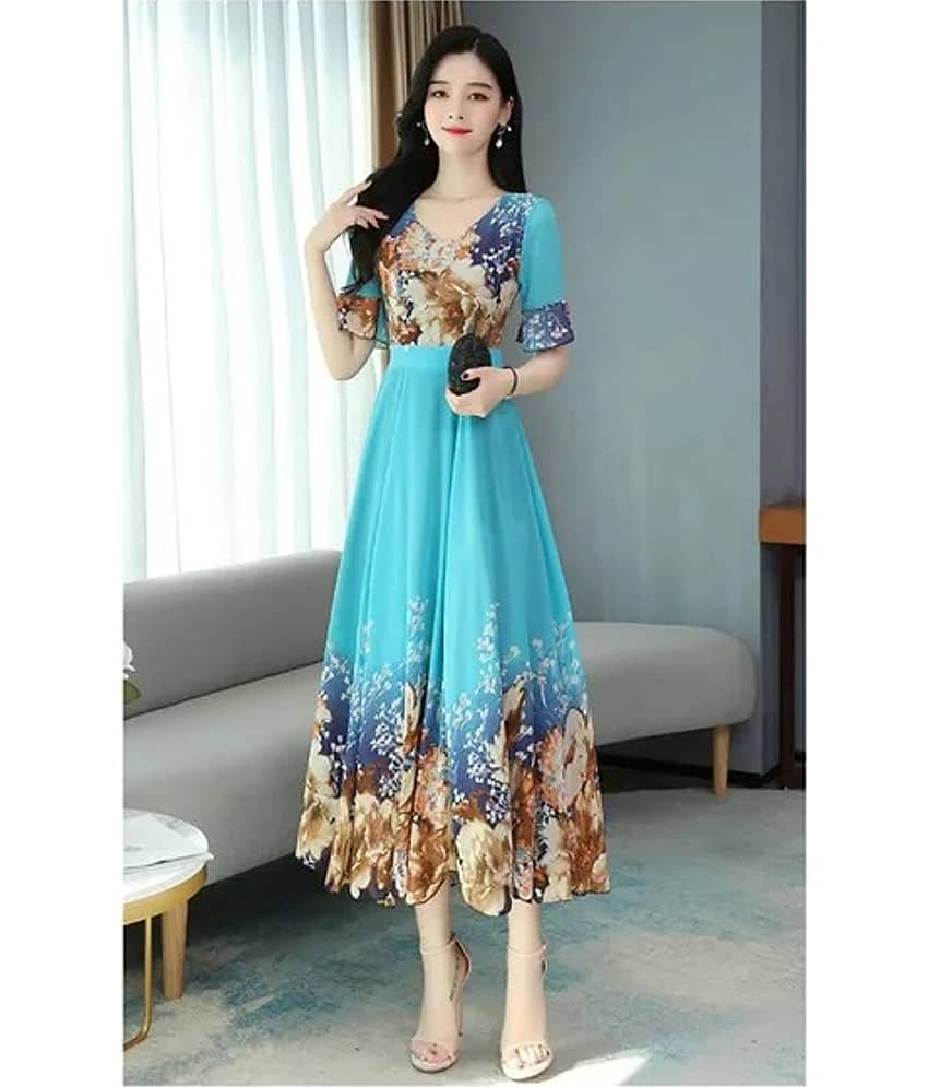 Raabta Fashion Women Georgette Printed Fit & Flare Dress ( Turquoise )