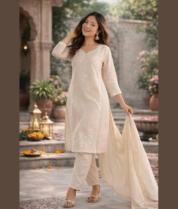 Sheetal associates Women Silk Blend Embroidered Straight Kurti With Pants ( Off White )