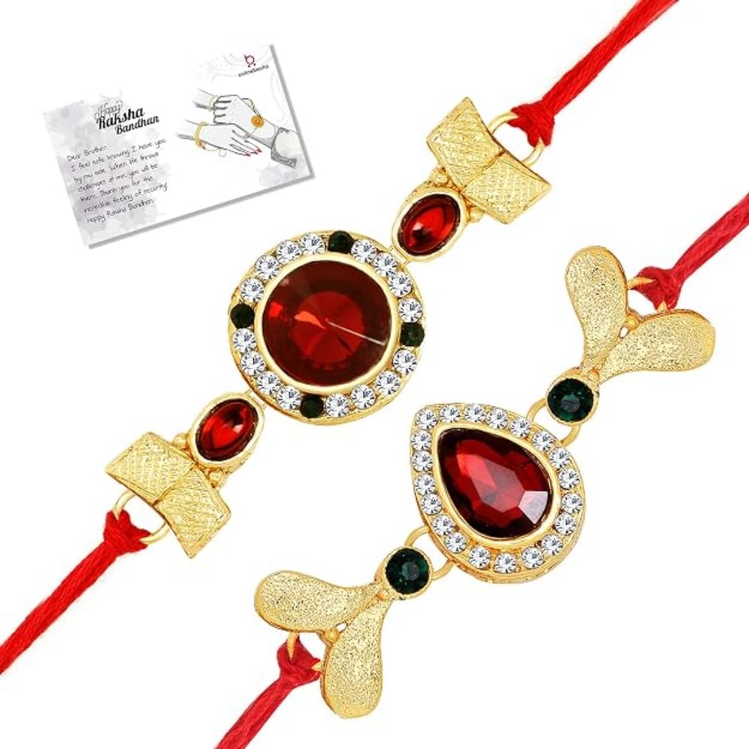 LIVE EVIL Sparkling Gold plated Kundan work Rakhi for Brother Sister with Raksha Bandhan Greeting Card having Traditional Ethnic Unique Design Specially Pack of 2