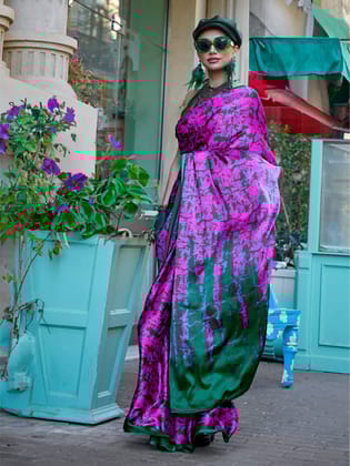 Neon Pink Pure Satin Crepe Printed Bollywood Saree