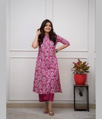 Mahek Fashion Women Cotton Printed A-line Kurti With Pants ( Pink )
