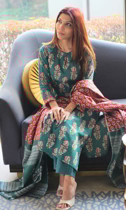 Cotton Sanganeri Print Green Suit Set with Printed Cotton Dupatta-XXS