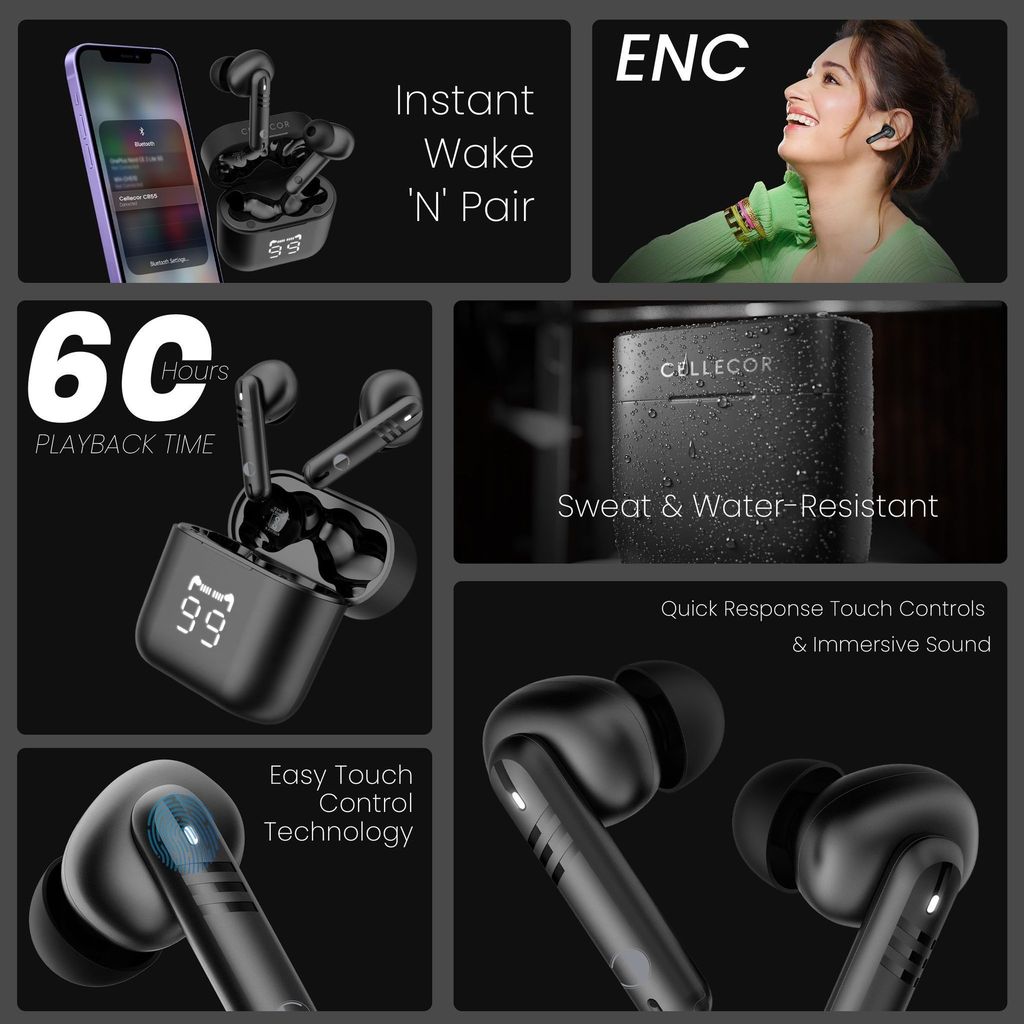 CELLECOR BroPods CB55 Waterproof TWS with 60 Hours Playtime, Automatic Pairing, HD Sound and 5.1V Bluetooth (BLACK)