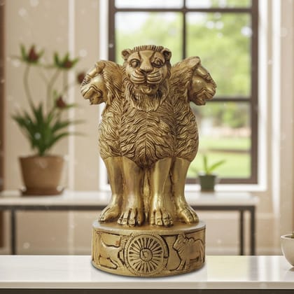 Brass Ashoka Lath Table Decor Statue - Handmade Indian National Emblem, Height : 6.5 Inch (BSMAS1723 B)