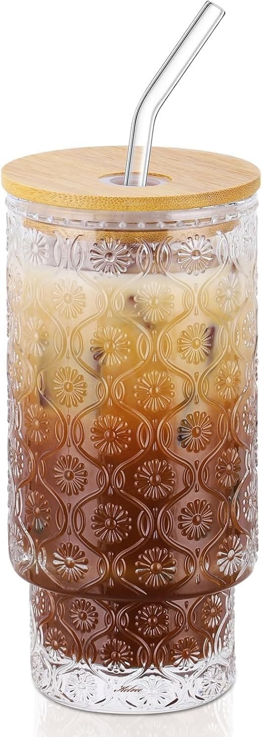 Round Glass Tumbler with Bamboo Lid and Straw 400 ML, Pack of 1 Vintage Drinking Glasses, Sipper Bottle for Cocktail, Coffee, Beverages, Iced Tea, Hot & Cold Drinks Cup