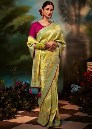 Lime Yellow Woven Banarasi Soft Silk Designer Saree