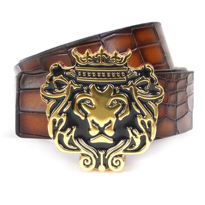 Tan "Brune & Bareskin" Brand Lion Logo Golden Buckle Deep Cut Leather Belt-32