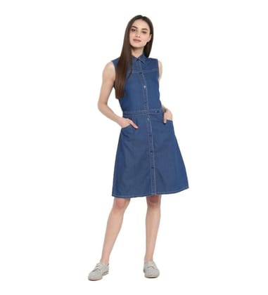 Women's Denim Solid Sleeveless Above Knee Dress (Blue, S)-PID55739 Women's Denim Solid Sleeveless Above Knee Dress (Blue, S)-PID55739