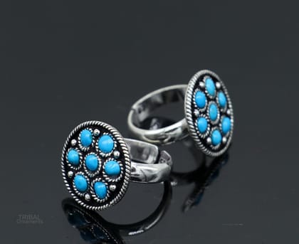 925 sterling silver adjustable tiny toe ring band fabulous blue turquoise stone tribal belly dance brides jewelry from india ntr56