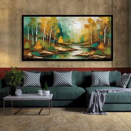 Luminary Peaceful Nature Painting – Tranquil Landscape Wall Art for Home Decor | Frame Size (127 X 69 Cm) | Frame Type (Black) | 5-Year Warranty