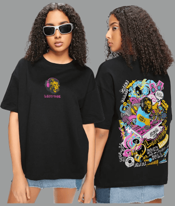 Leotude Women Cotton Blend Printed Oversized Fit Round Neck T-Shirt ( Black )
