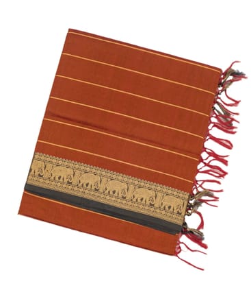 Rust Handloom Silk Cotton Saree With Zari Stripes-Rust