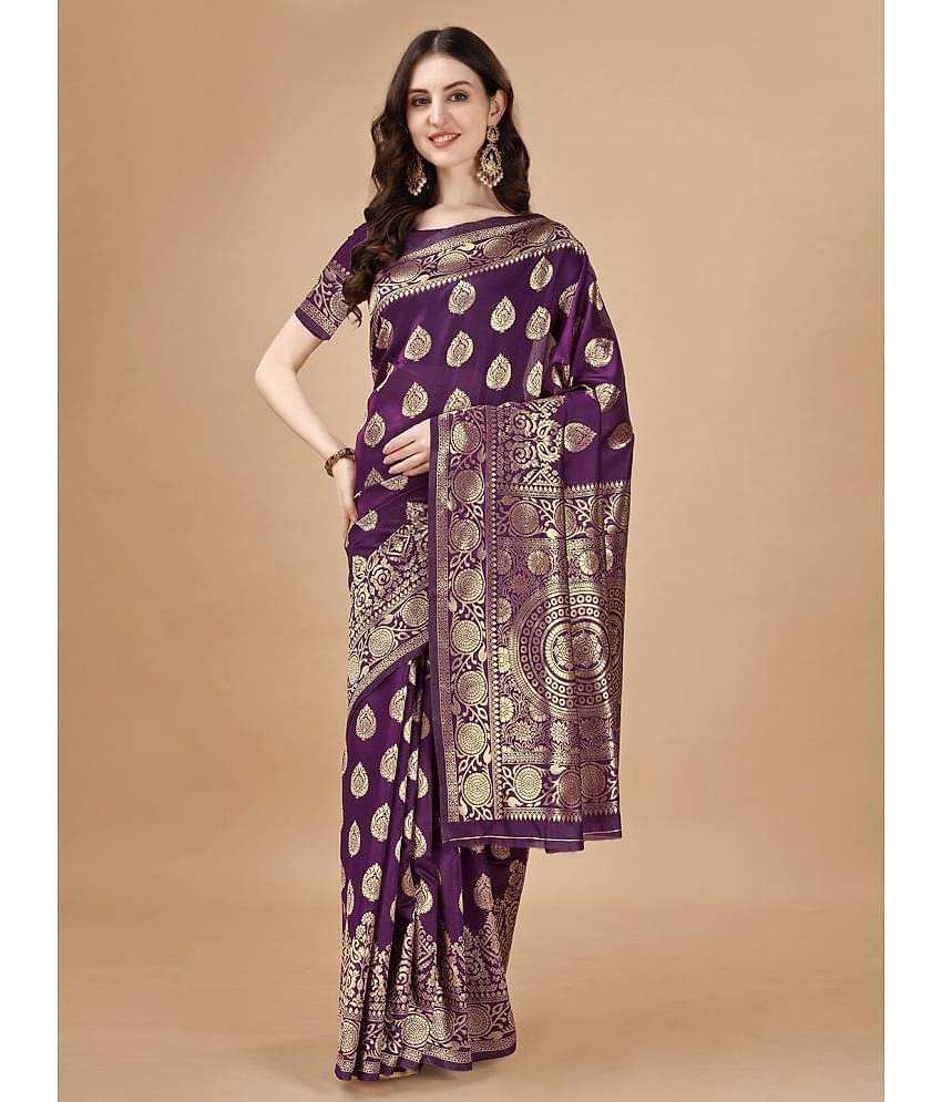 LEELAVATI Banarasi Silk Embellished Saree With Unstitched Blouse Piece ( Purple )