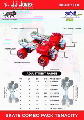 JJ JONEX Unisex Tenacity Adjustable Rollerderby Wheel Skates Combo (Skates+Helmet+Knee Pad+Elbow Pad+Gloves+Key+Bag) Suitable for Age 6-11 (Medium), Red