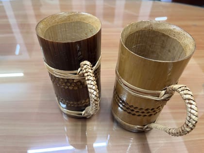 Handcrafted Bamboo Beer Mugs with Woven Handles, Natural Wood Finish, Set of 2 Handcrafted Bamboo Beer Mugs with Woven Handles, Natural Wood Finish, Set of 2