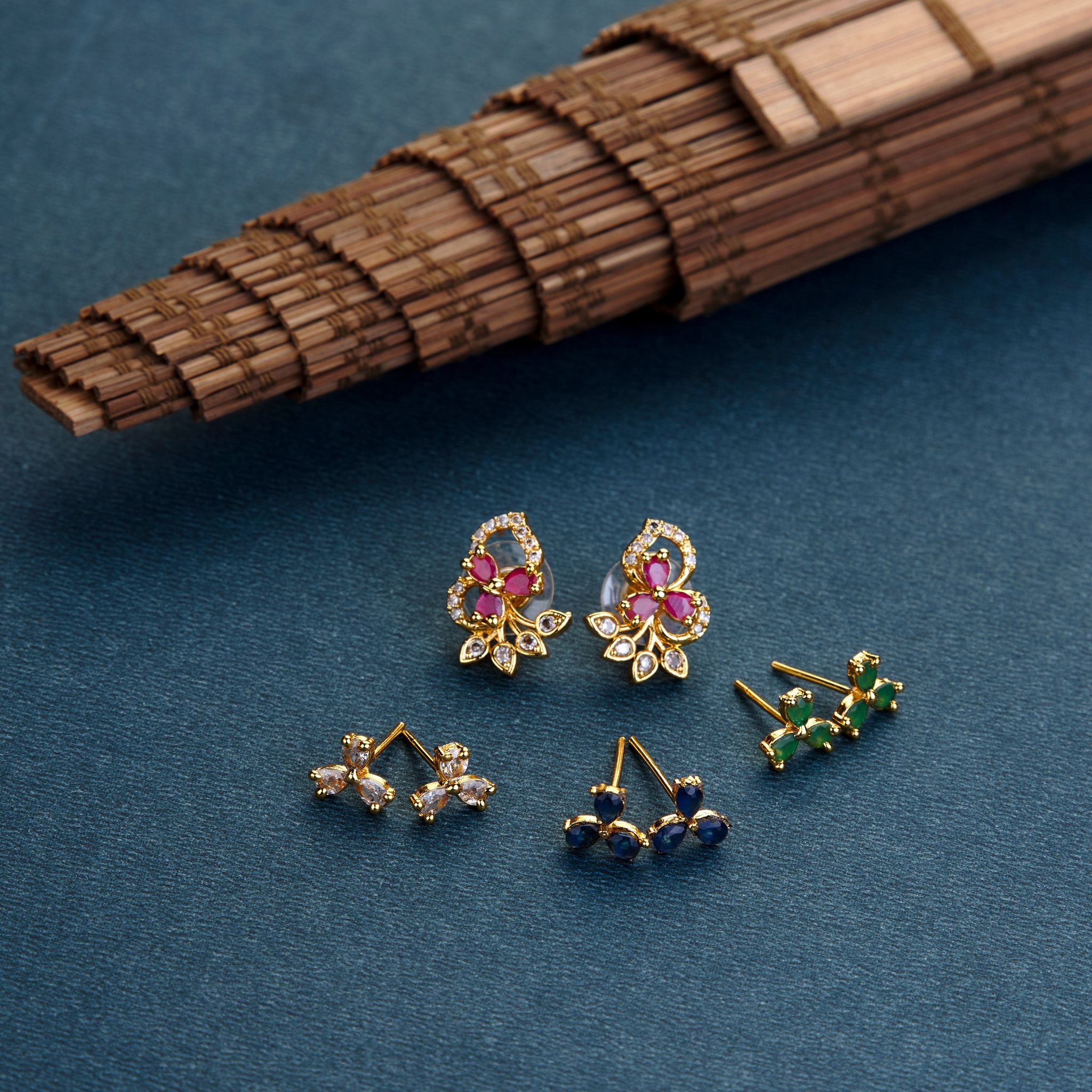 4 Color Leafy Changeable Gold Plated Studs-Multicolor / Gold Plated / Free Size