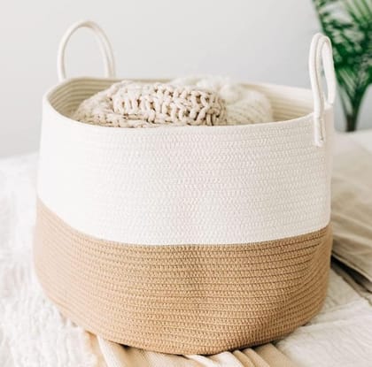 Generic Cotton Pack Of_1 12x14 Inch Laundry Storage Basket For Clothes (Beige-White)-PID66397 Generic Cotton Pack Of_1 12x14 Inch Laundry Storage Basket For Clothes (Beige-White)-PID66397