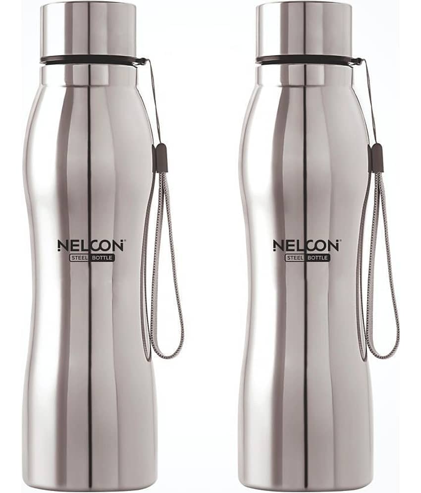 Nelcon 2PCS-HEXA. Silver Stainless Steel Water Bottle 1000 mL ( Set of 2 )