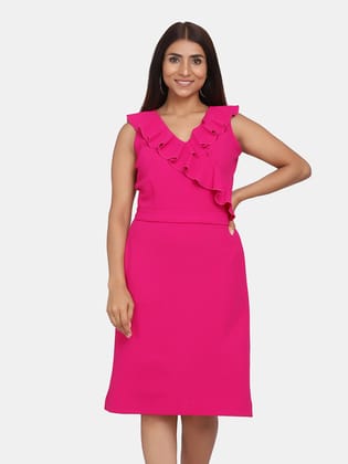 Ruffle Neckline Evening Formal Dress - Fuchsia-M