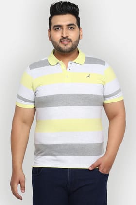 Striped Polo Half Sleeves T-Shirt For Plus Size Men - Ecru Melange, Grey Melange & Light Green-XXL / Ecru Melange, Grey Melange & Light Green