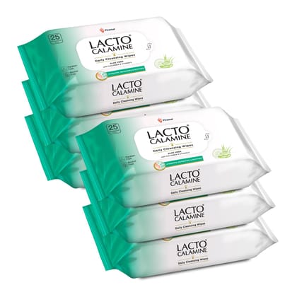 Lacto Calamine Daily Cleansing Face Wipes 25N Each - Pack of 6 | Makeup Remover Wipes | Wet Tissue for Face with Aloe Vera, Cucumber & Vitamin E | Wet Wipes for Women & Men | Paraben & Alcohol Free Lacto Calamine Daily Cleansing Face Wipes 25N Each - Pac