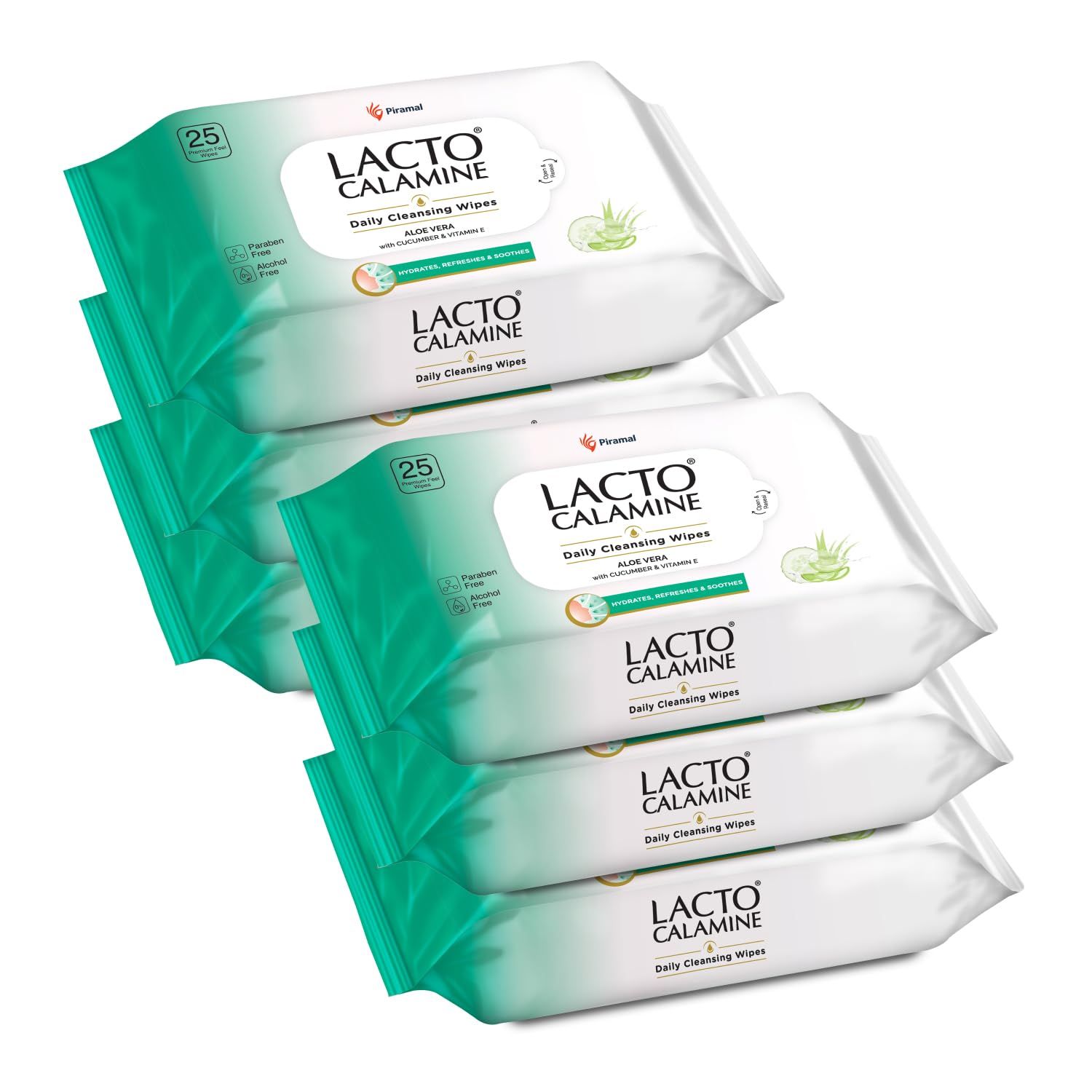 Lacto Calamine Daily Cleansing Face Wipes 25N Each - Pack of 6 | Makeup Remover Wipes | Wet Tissue for Face with Aloe Vera, Cucumber & Vitamin E | Wet Wipes for Women & Men | Paraben & Alcohol Free Lacto Calamine Daily Cleansing Face Wipes 25N Each - Pac