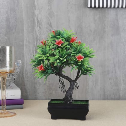 FOLIYAJ Artificial Y Shaped Bonsai Tree with Green Leaves and Purple Flowers|Bonsai Tree|Artificial Flower|Home Decor for Living Room|Gifting