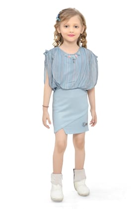 Be:Kids Sky Blue Puff Sleeve Asymmetrical Dress with Floral Accents for Girls