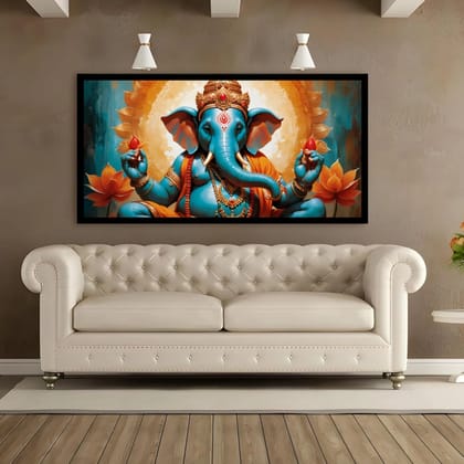 Luminary Lotus Wisdom – Vibrant Ganesha Museum-Quality Cotton Canvas Art for Family Room Décor | Frame Size (127 X 69 Cm) | Frame Type (Black) | 5-Year Warranty