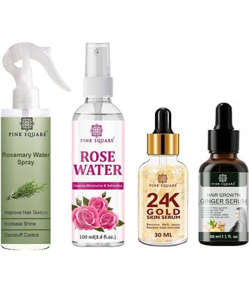 Rosemary Water Hair Spray 100ml, Rose water for Cleansing 100ml, 24K Gold Serum 30ml & Hair Growth Serum 30ml Combo of 4