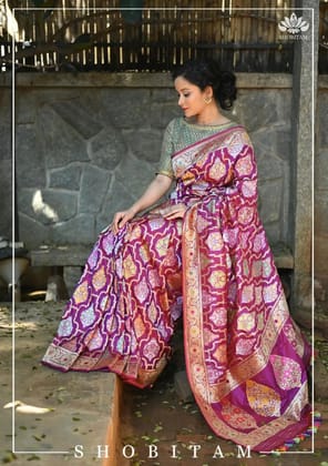 Authentic Kadhuwa Jungla Multi-color Meenakari Jaal Banarasi Silk Saree in Plum with Grand Pallu and Zari  | SILK MARK CERTIFIED