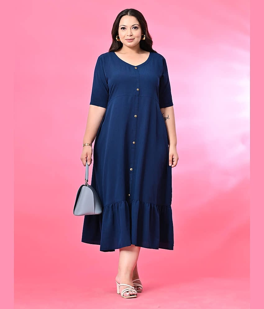 PrettyPlus by Desinoor.com Women Polyester Self Design A-line Dress ( Teal )