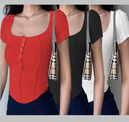 Limr Fashion pack of 3 women new design button down crop top-XS