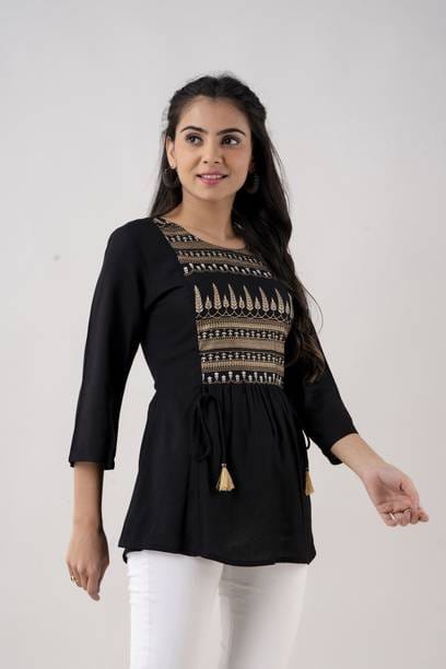 Casual Regular Sleeves Printed Women Black Top
