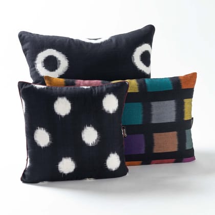 Handwoven Ikat Cushion Cover Set of 3-18x18 Inches / 16x6 Inches / 12x12 IInches / Black / White & Multi-colored / Cotton