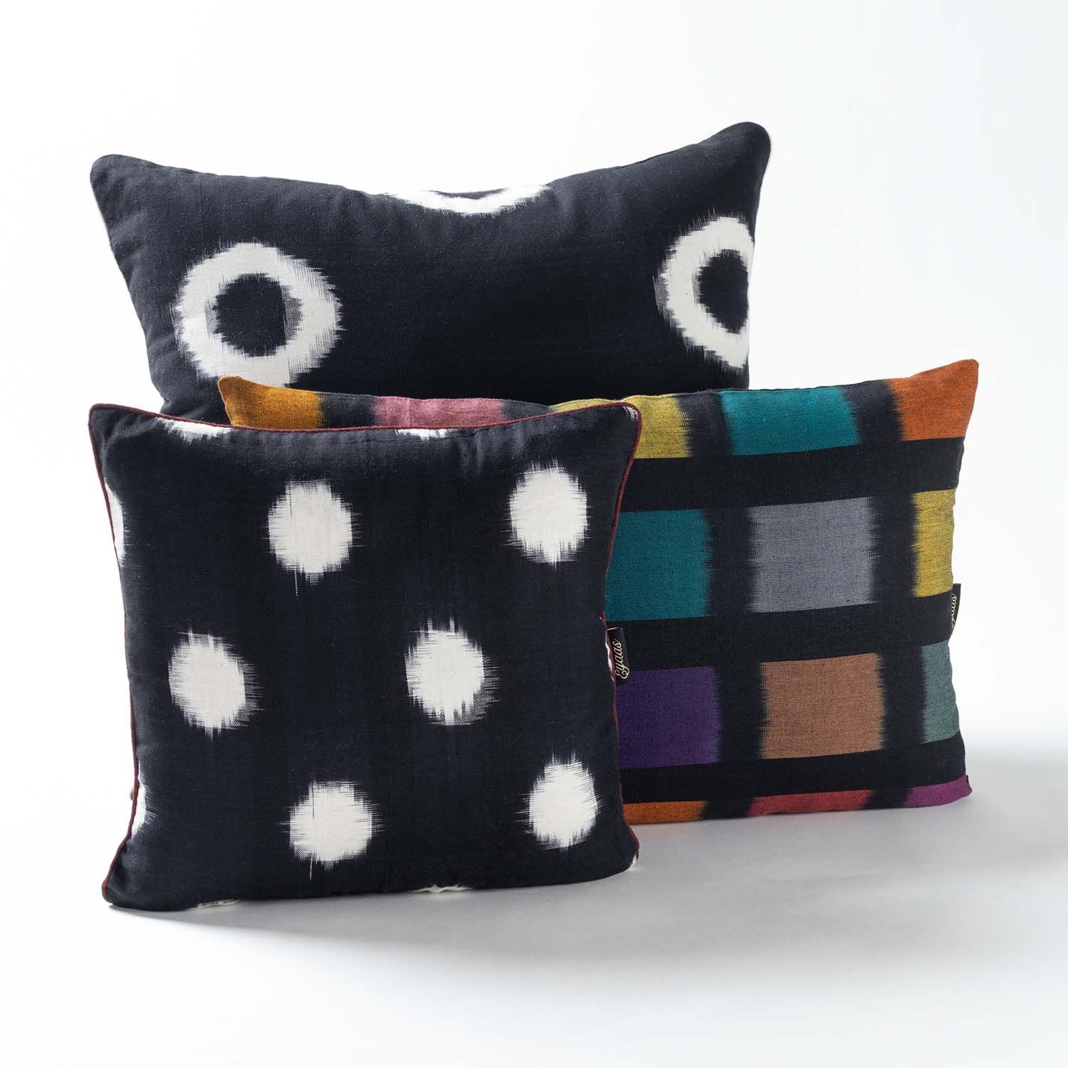 Handwoven Ikat Cushion Cover Set of 3-18x18 Inches / 16x6 Inches / 12x12 IInches / Black / White & Multi-colored / Cotton