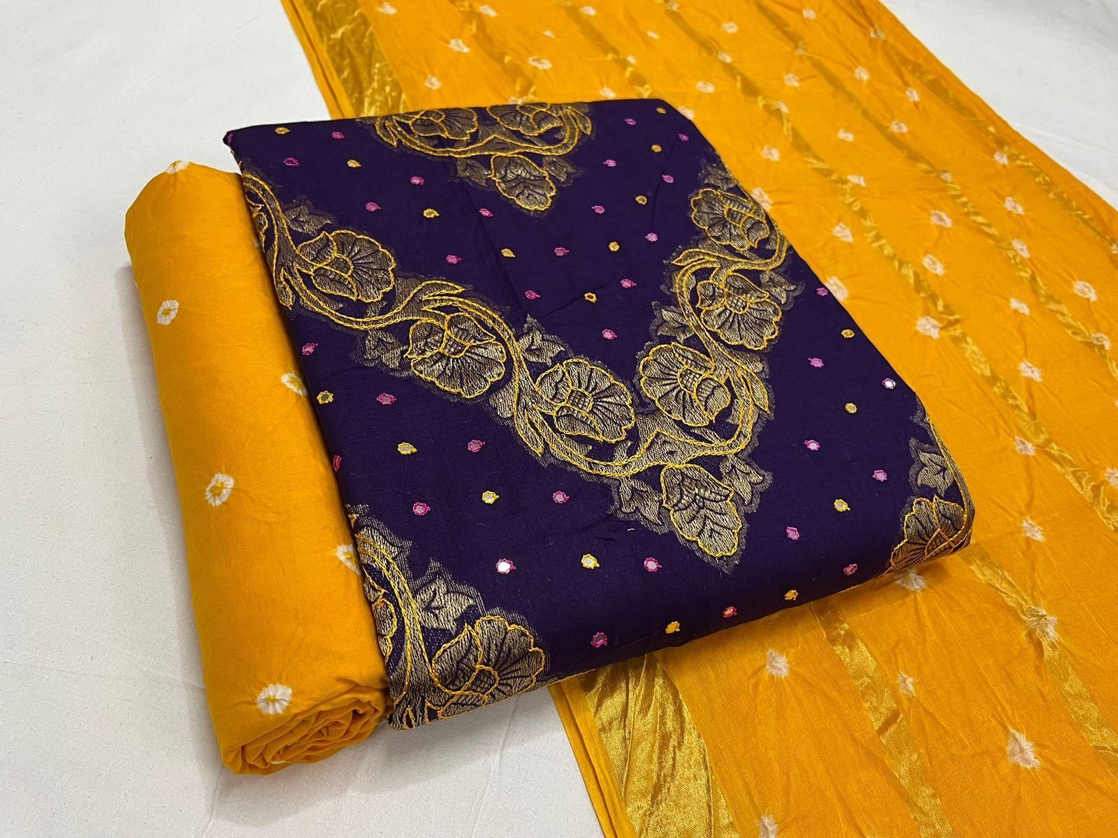 Cotton Thread Embroidery Mirror Work Bandhani Suit-Blue-Yellow