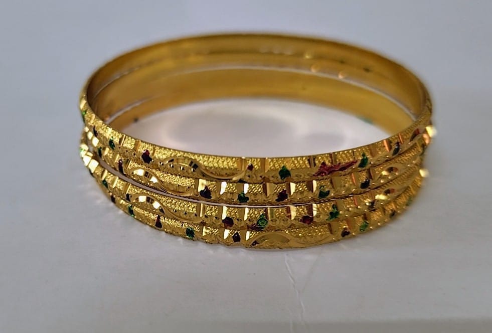 Gold plated Bangles with Green and Red Stones - Set of 4