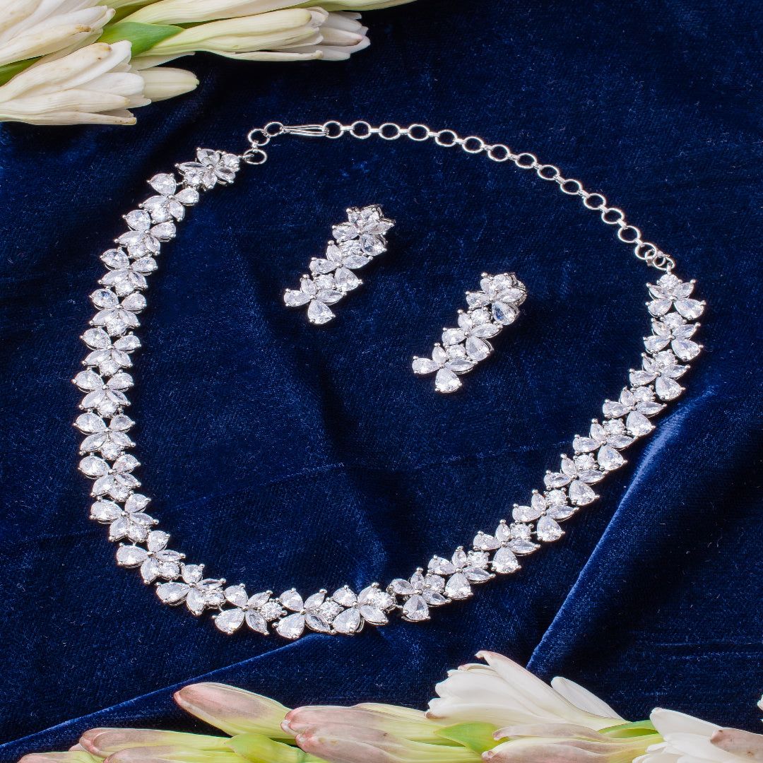 vivinia BY VIDHI MEHRA Zia Silver Plated Womens Zircon Short Necklace Set with Pair of Earrings (Freesize) - VN757